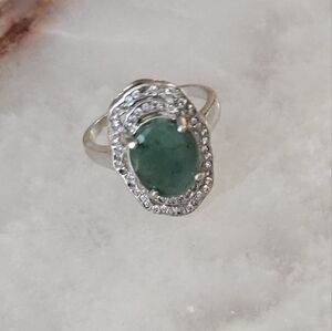 Sterling Silver Emerald & CZ Art Deco Ring Size 7.25